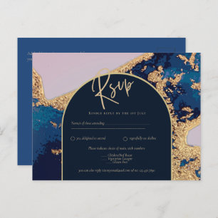 Carte Postale Budget Agate Blue Gold Wedding Inviter QR Code RSV