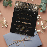 Carte Postale Budget Anniversaire parties scintillant en or noir<br><div class="desc">Une invitation moderne, élégante et glamour pour une fête d'anniversaire de 40ème (ou tout âge). Un arrière - plan noir décoré de fausse parties scintillant et brillant. Le nom est écrit avec un script de style à la main de couleur dorée moderne. Personnalisez et ajoutez les détails de votre fête....</div>