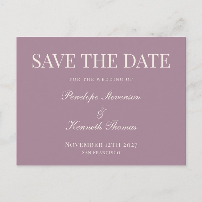 Carte Postale Budget Classique Dusty Purple Enregistrer La Date (Devant)