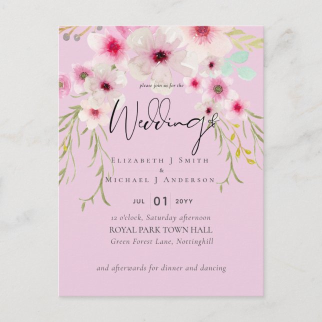 Carte Postale Budget du script de Mariage floral rose vif (Devant)