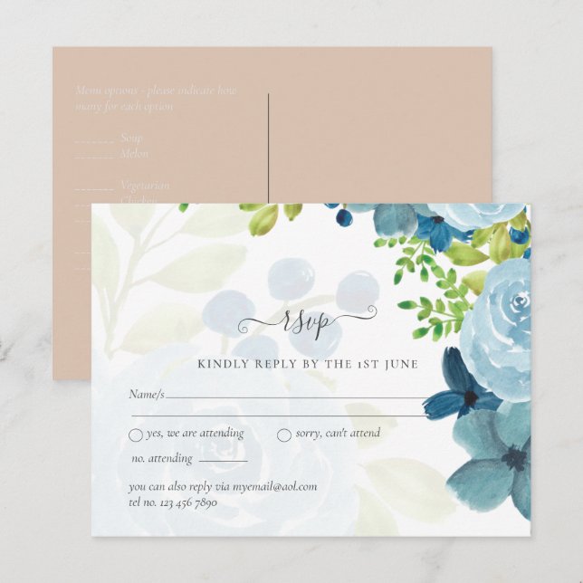 Carte Postale Budget Dusty Blue Floral Mariage (Devant / Derrière)