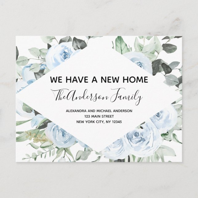 Carte Postale Budget Dusty Blue Floral Moving Faire-part Postc (Devant)