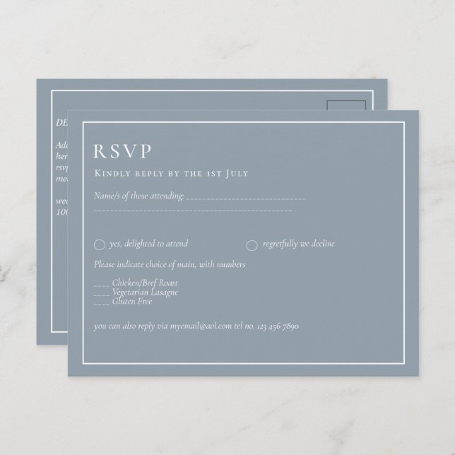 Carte Postale Budget Dusty Blue Monochrome Mariage RSVP (Devant / Derrière)