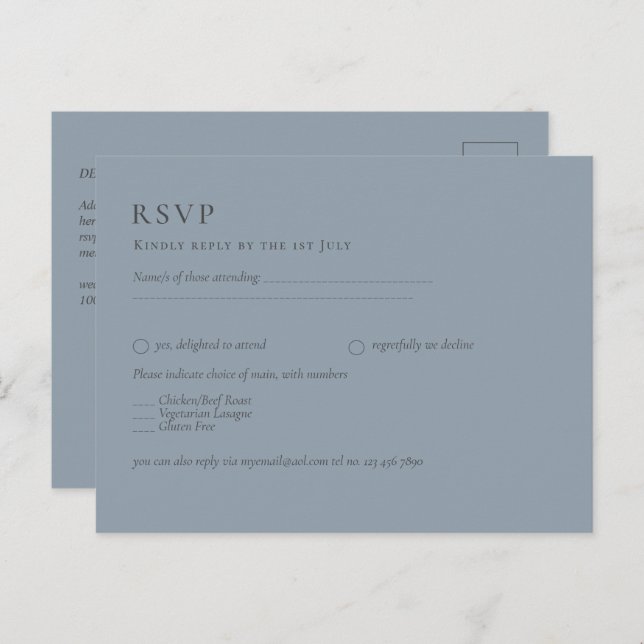 Carte Postale Budget Dusty Blue Monochrome Mariage RSVP (Devant / Derrière)