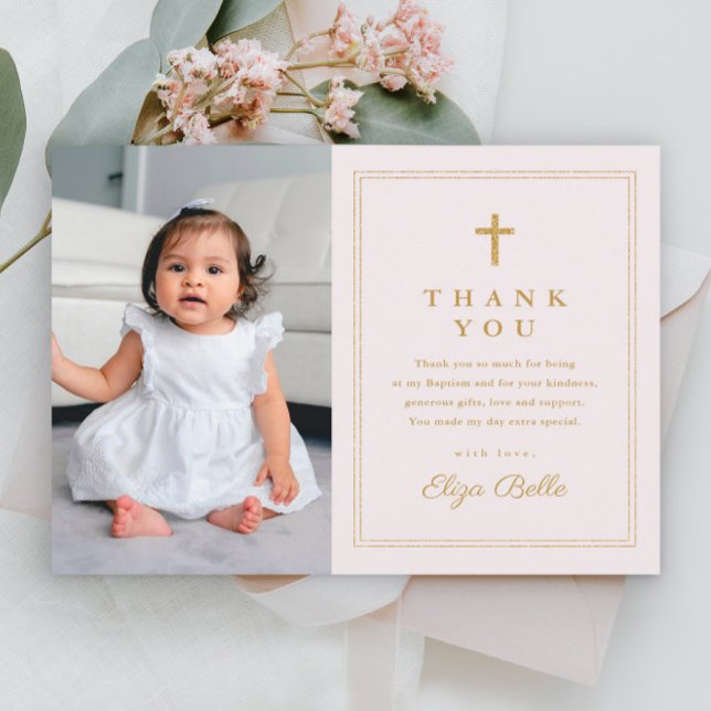 Carte Postale Budget Elegant Gold Cross Photo Baptism Merci (Créateur téléchargé)