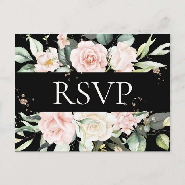 Carte Postale Budget Fleurs Aquarelle Mariage Noir RSVP (Devant)