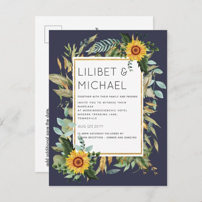 Carte Postale Budget Fleurs de soleil rustiques BOHO Mariage ver (Devant / Derrière)