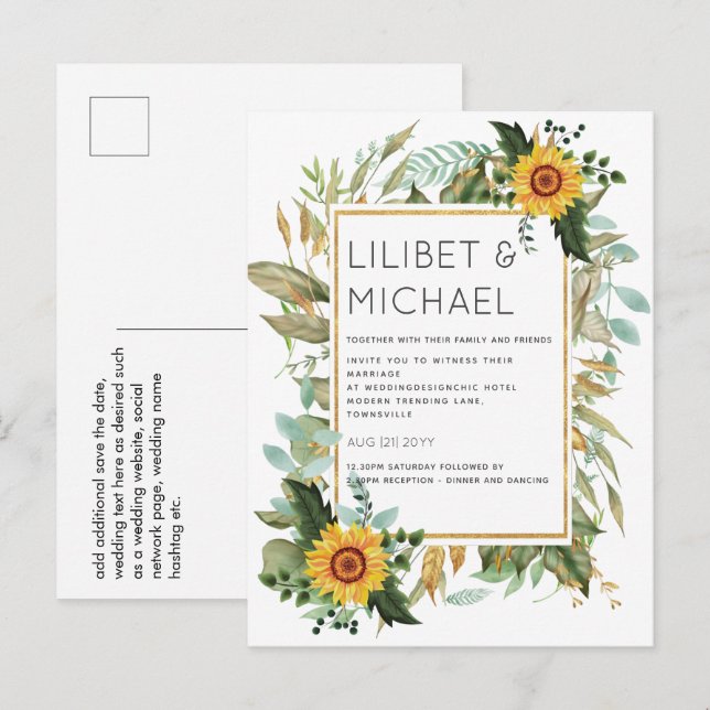 Carte Postale Budget Fleurs de soleil rustiques BOHO Mariage ver (Devant / Derrière)