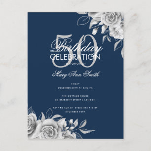Carte Postale Budget Floral Anniversaire Fête Argent & Marine