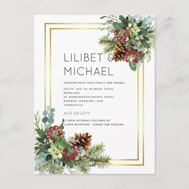 Carte Postale BUDGET Hiver Baies rouges Pine Cônes Mariage (Devant)