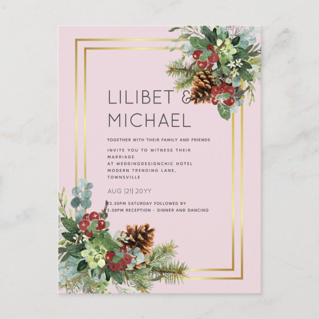 Carte Postale BUDGET Hiver Baies rouges Pine Cônes Mariage (Devant)
