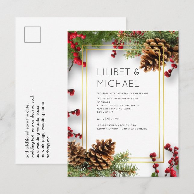 Carte Postale BUDGET Hiver Baies rouges Pine Cônes Mariage (Devant / Derrière)