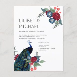 Carte Postale BUDGET Mariage d'hiver automnal bleu paon et Bour