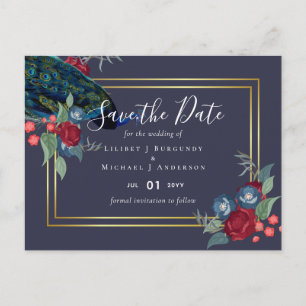 Carte Postale BUDGET Mariage d'hiver automnal bleu paon et Bour
