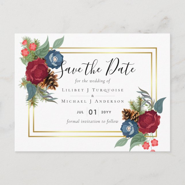 Carte Postale BUDGET Mariage d'hiver Bourgogne Bleu sarcelle Mod (Devant)