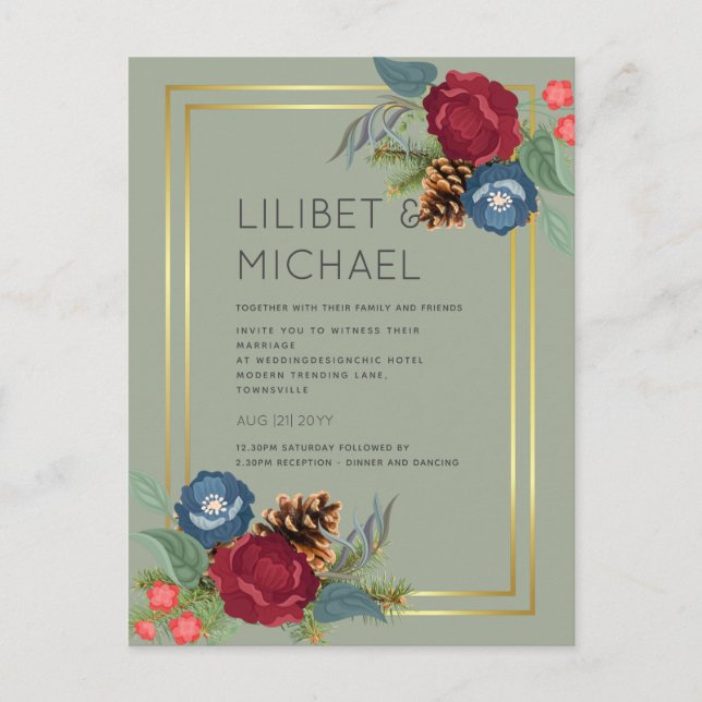 Carte Postale BUDGET Mariage d'hiver Bourgogne Turquoise Bleu mo (Devant)