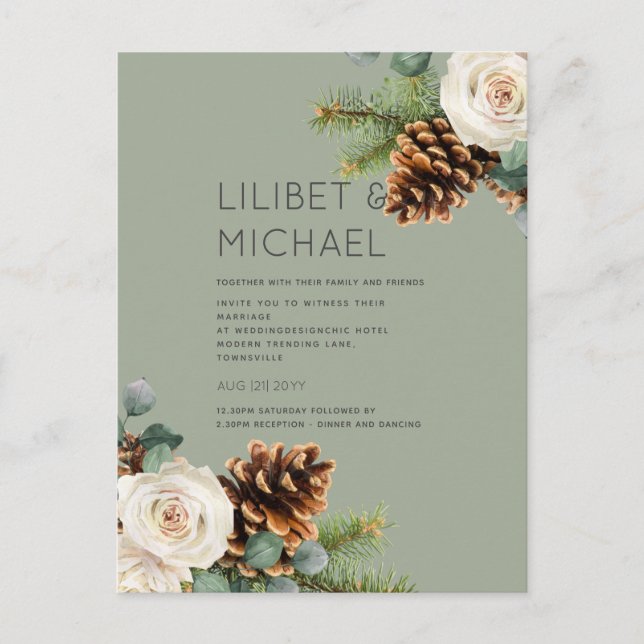 Carte Postale BUDGET Mariage d'hiver Eucalyptus Roses de verdure (Devant)