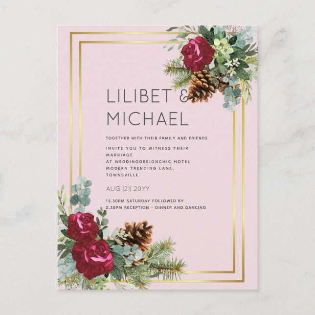 Carte Postale BUDGET Mariage d'hiver Rose Bourgogne Eucalyptus (Devant)