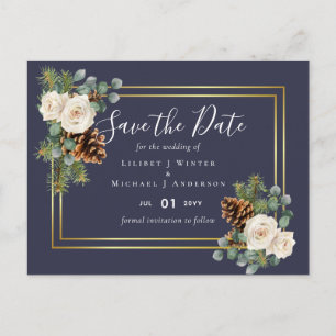 Carte Postale BUDGET Mariage d'hiver Roses blanches Bleu poussi