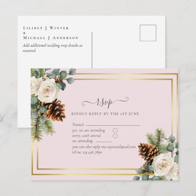 Carte Postale BUDGET Mariage d'hiver Roses blanches Bleu poussié (Devant / Derrière)
