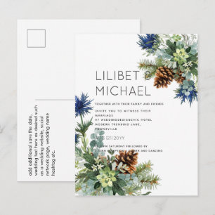 Carte Postale BUDGET Mariage Hiver Bleu Chardon Eucalyptus