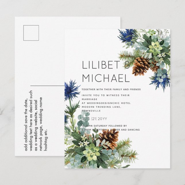 Carte Postale BUDGET  Mariage Hiver Bleu Chardon Eucalyptus (Devant / Derrière)