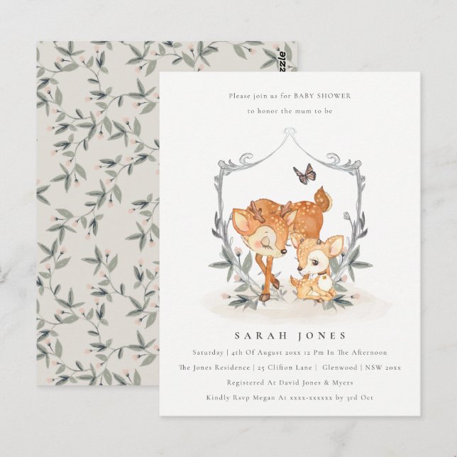 Carte Postale Budget Mum Deer Fawn Floral Crest Baby shower (Devant / Derrière)