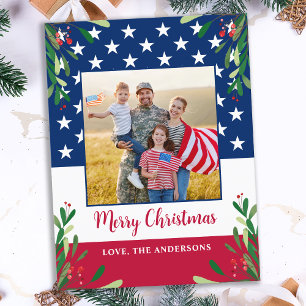 Carte Postale Budget Patriotique Noël Militaire Photo USA Drapea