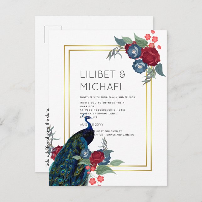 Carte Postale BUDGET Peacock Bleu Bourgogne Mariage de automne d (Devant / Derrière)