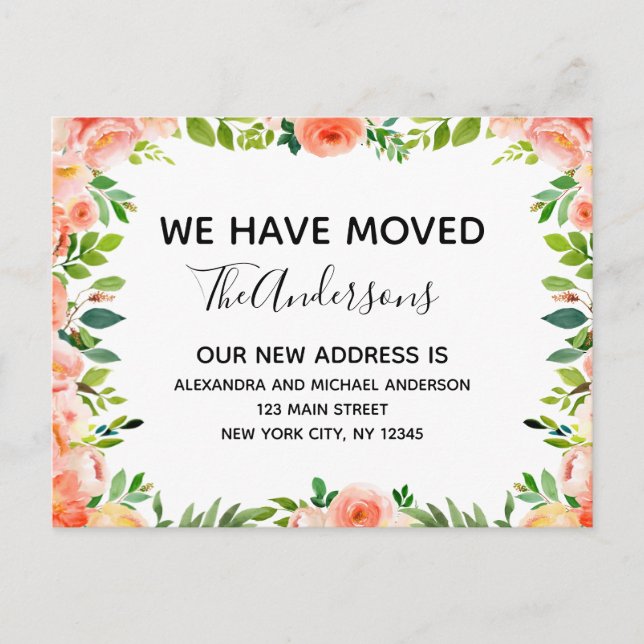 Carte Postale Budget Pêcher Corail Floral Moving Faire-part (Devant)