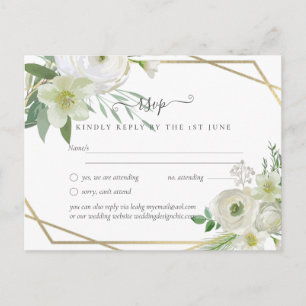 Carte Postale BUDGET Rose blanche verte Mariage or