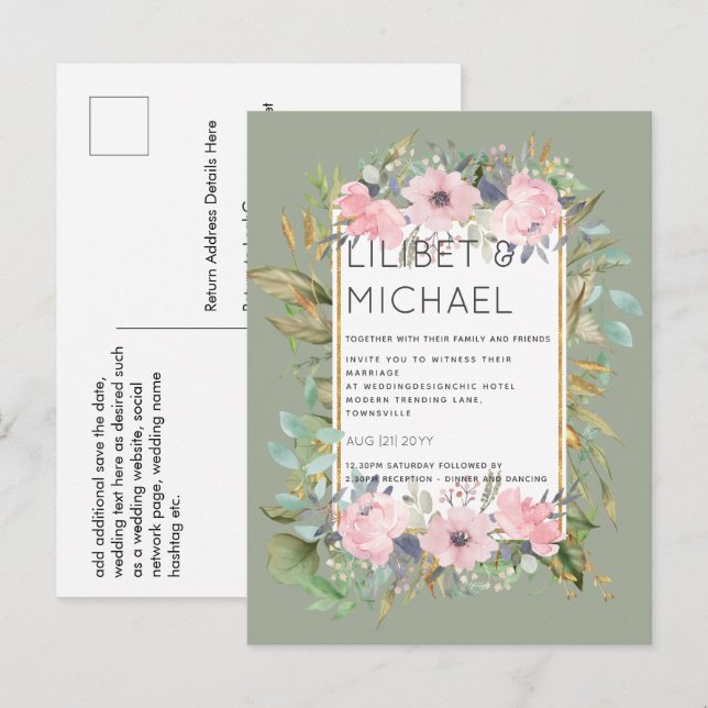 Carte Postale BUDGET Rose Blush Floral Sage Mariage (Devant / Derrière)