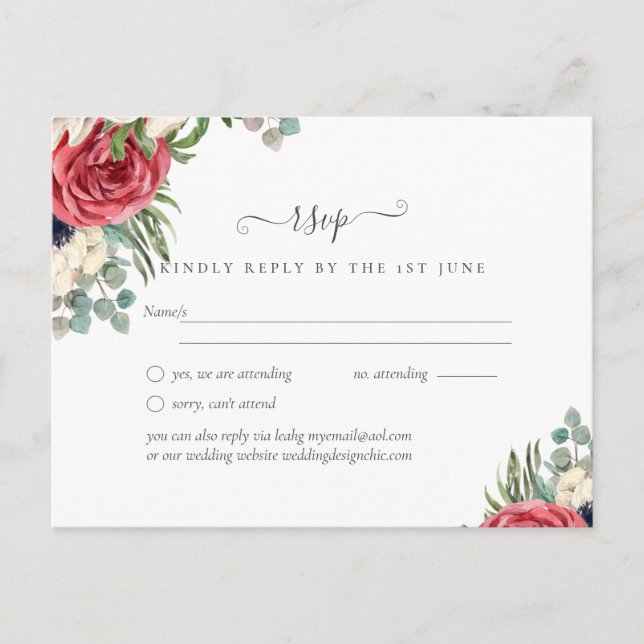 Carte Postale Budget Rouge Bleu Bleu Floral Mariage RSVP (Devant)