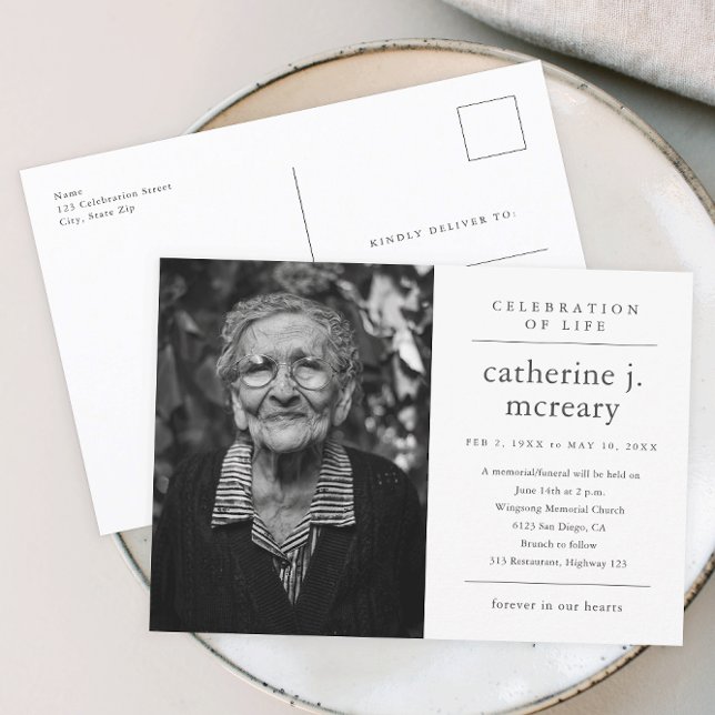 Carte Postale Budget Simple Photo Memorial Funeral Invitation (Simple typography black and white memorial celebration of life invitation postcard.)
