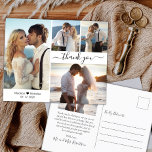 Carte Postale Budget Style 4 Photo Collage Mariage Merci<br><div class="desc">Élégant budget stylish Main Lettered Script 4 Photo Collage Mariage carte postale Merci. Un modèle carte de remerciements minimaliste mariage avec quatre photos sur le devant et une photo sur le dos. Avec le texte "Merci" dans une police de script de typographie tourbillonnant avec swash ou en noir sur arrière...</div>