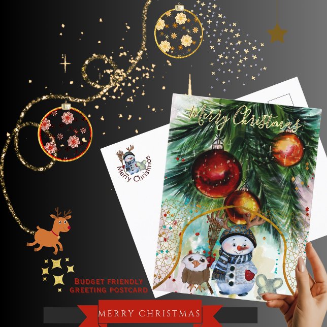 Carte postale Budget Whimsman Snowman & Forest Fri (Whimsical Snowman & Forest Friends Budget Postcard)