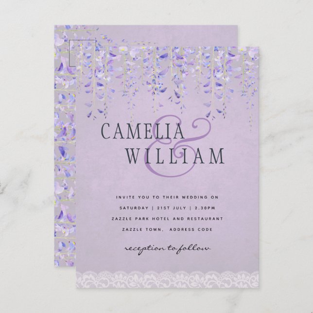 Carte Postale BUDGET Wisteria Purple Floral Lace Mariage INVITE (Devant / Derrière)