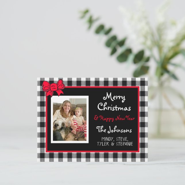 Carte Postale Buffalo Plaid and Red Bow Photo Christmas  (Debout devant)