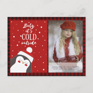 Carte Postale Buffalo Plaid Photo Noël Nouvel An Folk Art Pengui