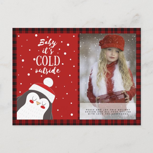 Carte Postale Buffalo Plaid Photo Noël Nouvel An Folk Art Pengui (Devant)