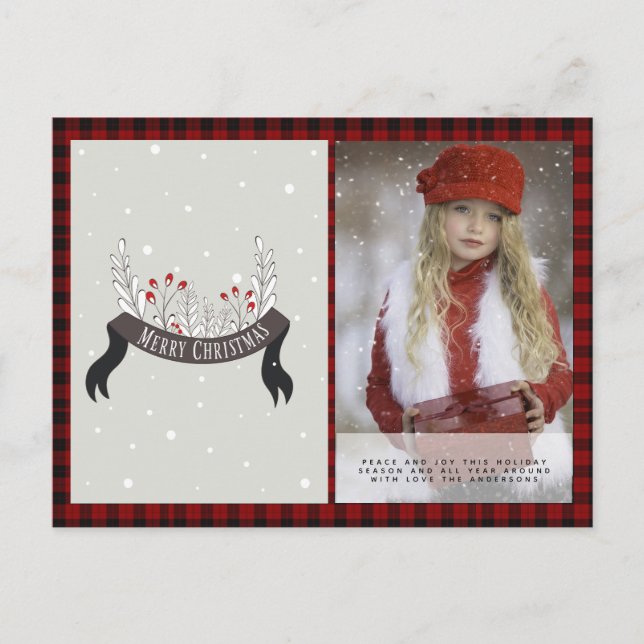 Carte Postale Buffalo Plaid Photo Noël Patinage Folkart Holly (Devant)