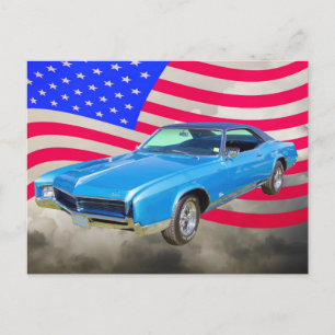 Carte Postale Buick Riviera Muscle Car 1967 Et Drapeau Américain