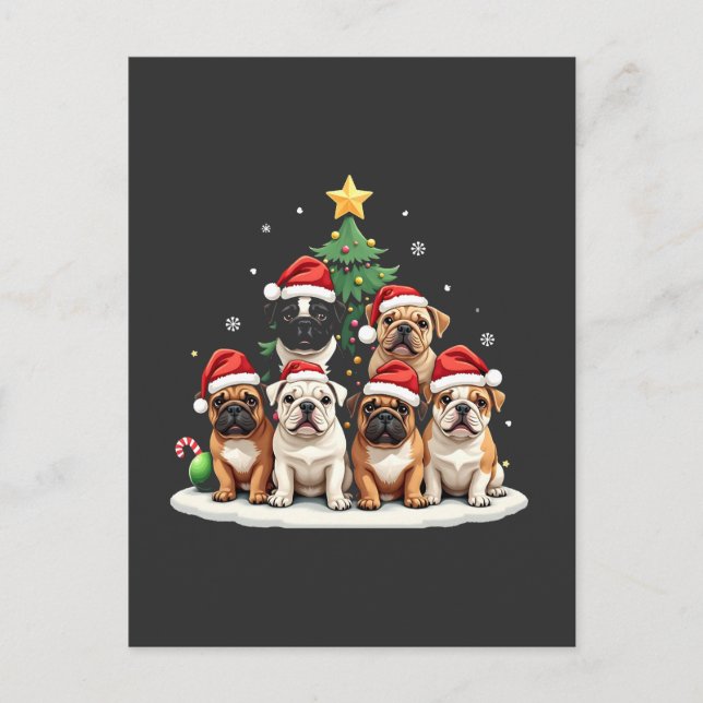 Carte Postale Bulldog Christmas Tree Santa Hat Puppy Amateurs (Devant)