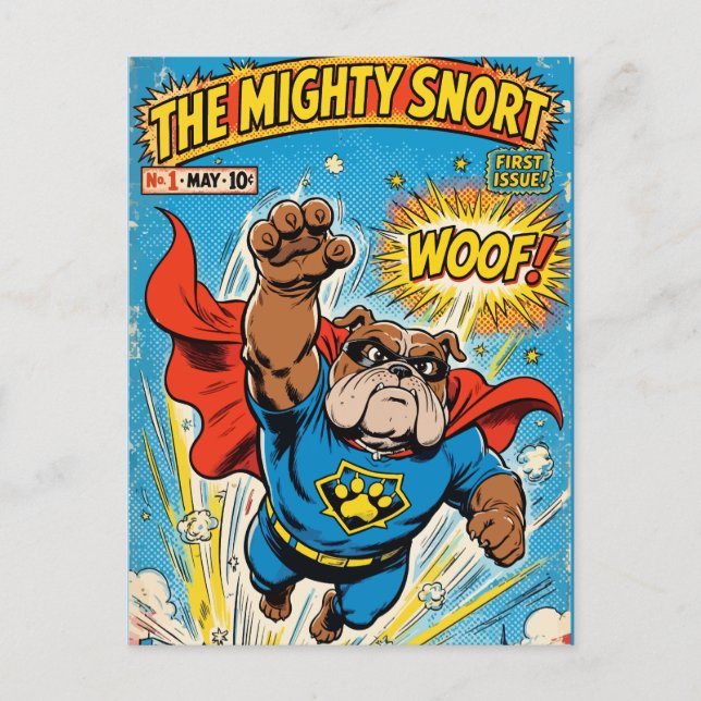 Carte Postale Bulldog Superhero Flying with Cape (Devant)