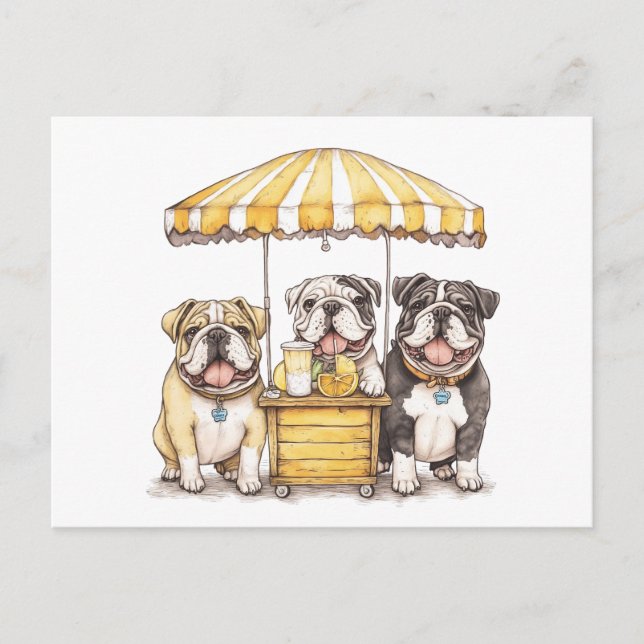 Carte Postale Bulldogs Anglais Courant Un Stand De Lemonade (Devant)