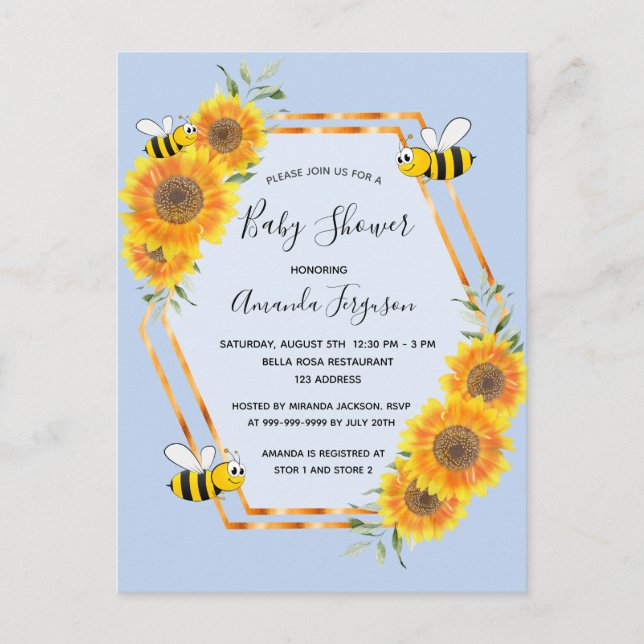 Carte Postale Bumble abeille bleu tournesol garçon baby shower (Devant)