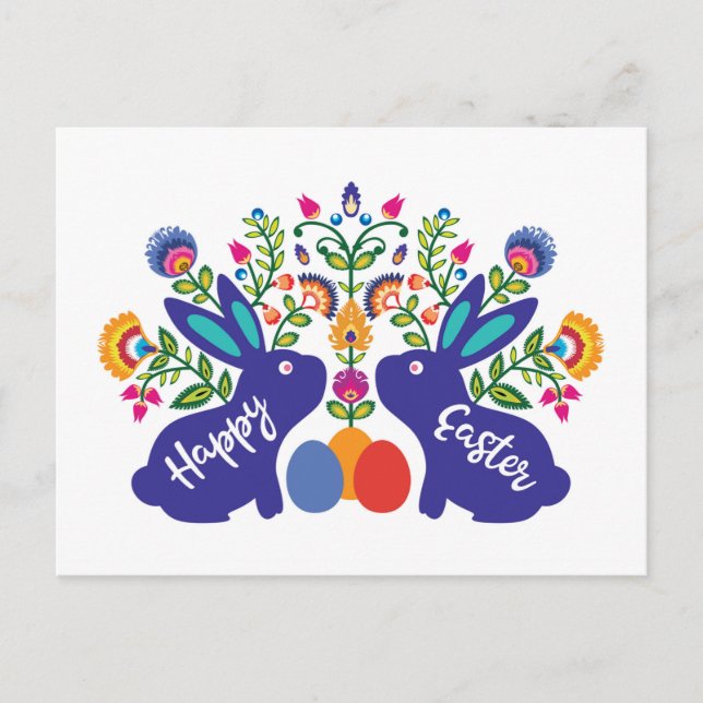 Carte Postale Bunnies 🐰 bleus avec Fleurs Folklore Texte person (Devant)