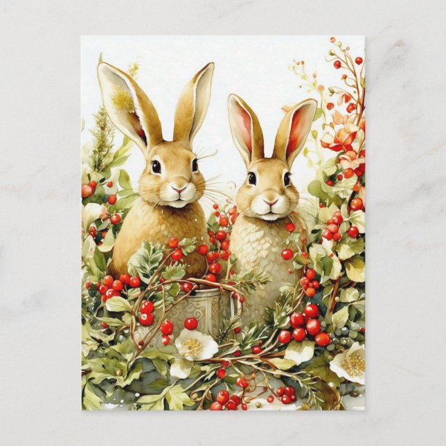 Carte Postale Bunnies d'aquarelle et baies sauvages (Devant)