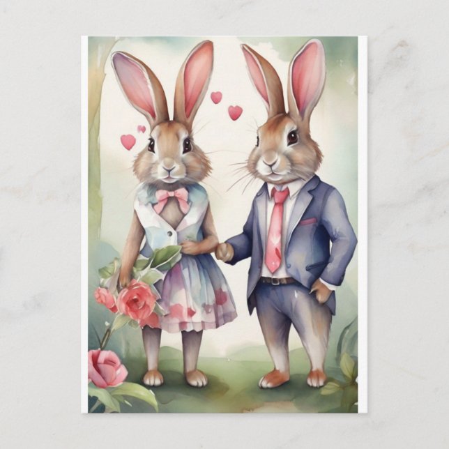 Carte Postale Bunnies Saint Valentin en bleu (Devant)