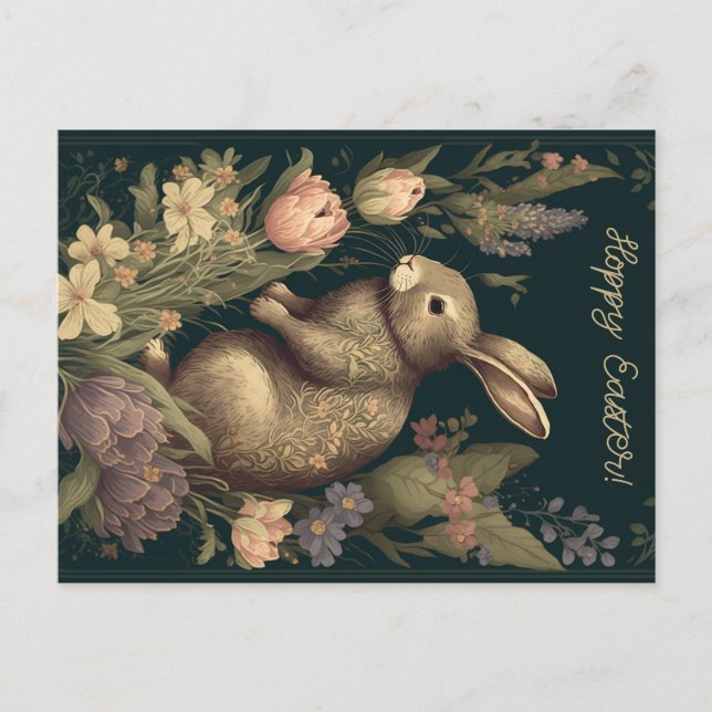 Carte Postale Bunny Hop Floral : Salutations de Pâques antiques, (Devant)